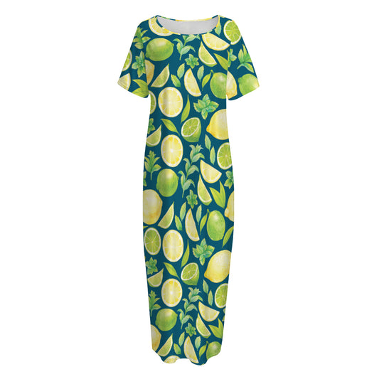 Lime And Lemon Pattern Print Short Sleeve Long Nightdress