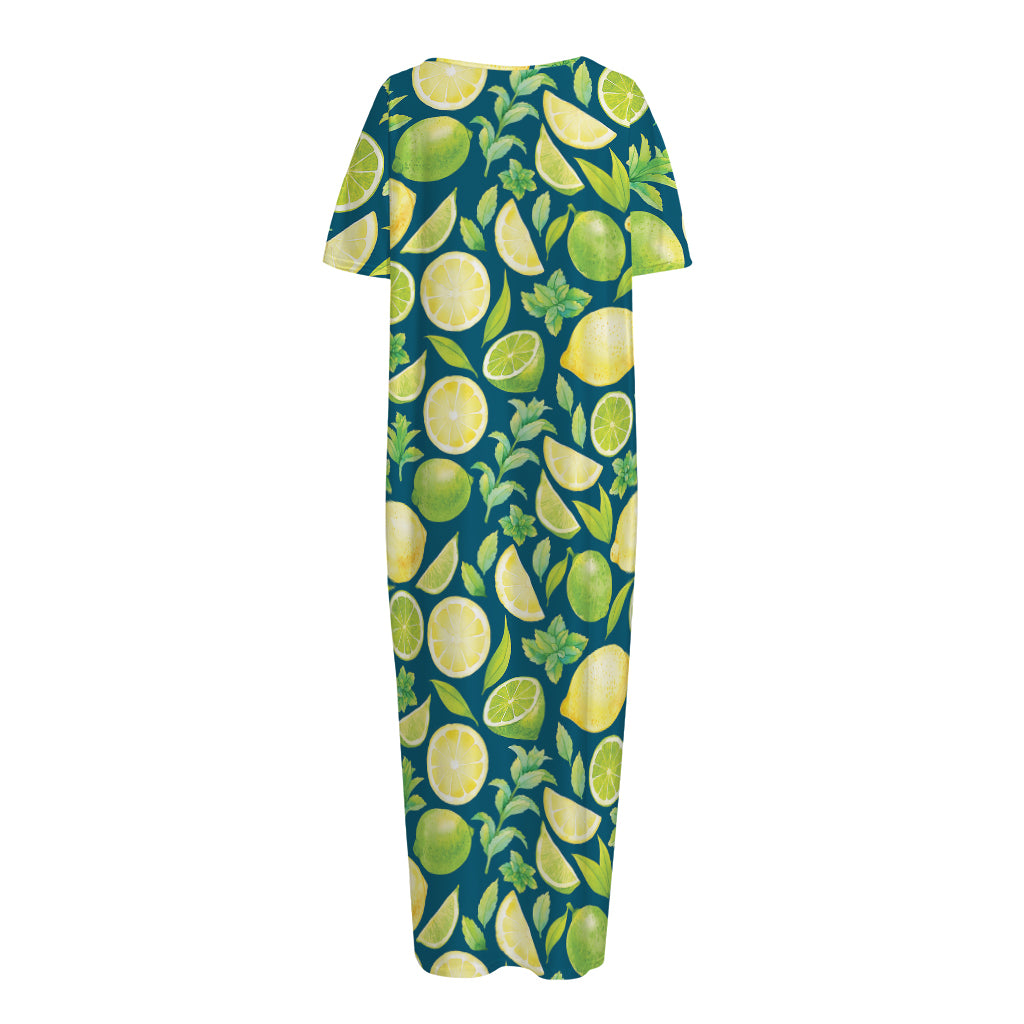 Lime And Lemon Pattern Print Short Sleeve Long Nightdress