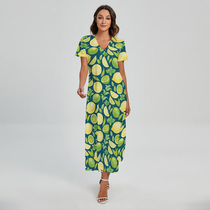Lime And Lemon Pattern Print Short Sleeve Maxi Dress
