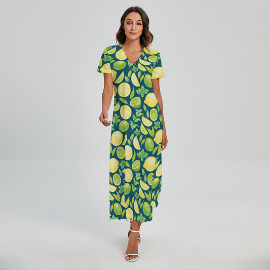 Lime And Lemon Pattern Print Short Sleeve Maxi Dress