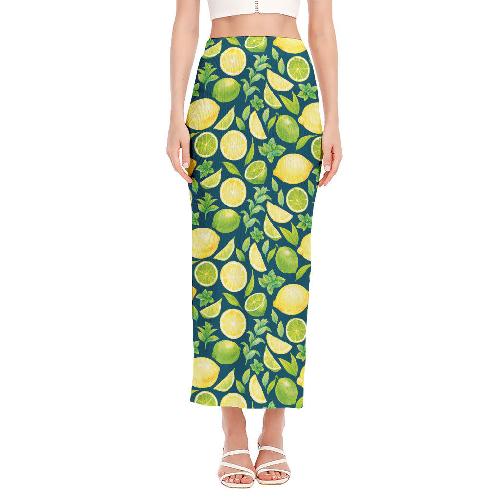 Lime And Lemon Pattern Print Side Slit Maxi Skirt