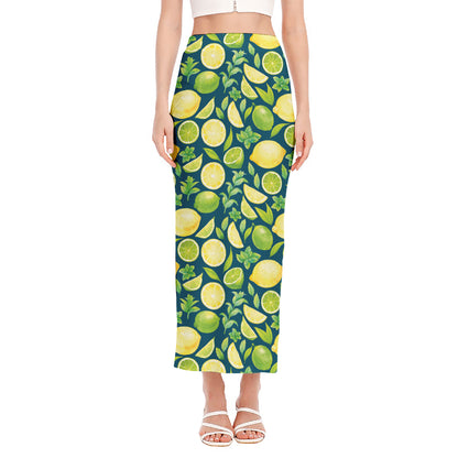 Lime And Lemon Pattern Print Side Slit Maxi Skirt