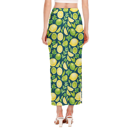 Lime And Lemon Pattern Print Side Slit Maxi Skirt