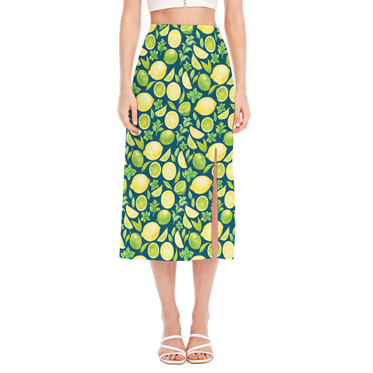 Lime And Lemon Pattern Print Side Slit Midi Skirt