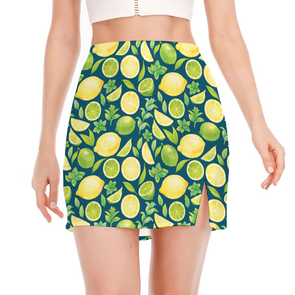 Lime And Lemon Pattern Print Side Slit Mini Skirt
