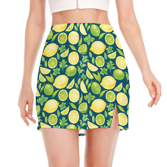 Lime And Lemon Pattern Print Side Slit Mini Skirt