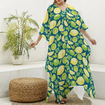 Lime And Lemon Pattern Print Silk V-Neck Kaftan Dress