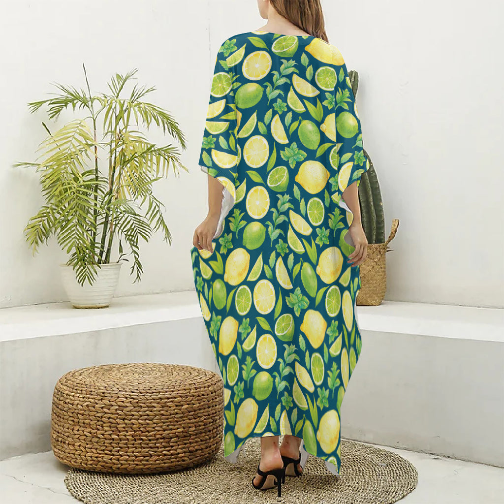 Lime And Lemon Pattern Print Silk V-Neck Kaftan Dress