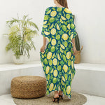 Lime And Lemon Pattern Print Silk V-Neck Kaftan Dress