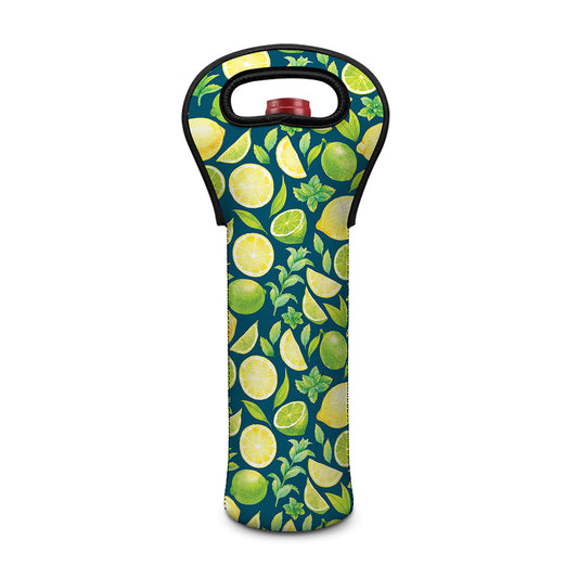 Lime And Lemon Pattern Print Single Neoprene Wine Tote