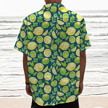 Lime And Lemon Pattern Print Textured Short Sleeve Shirt