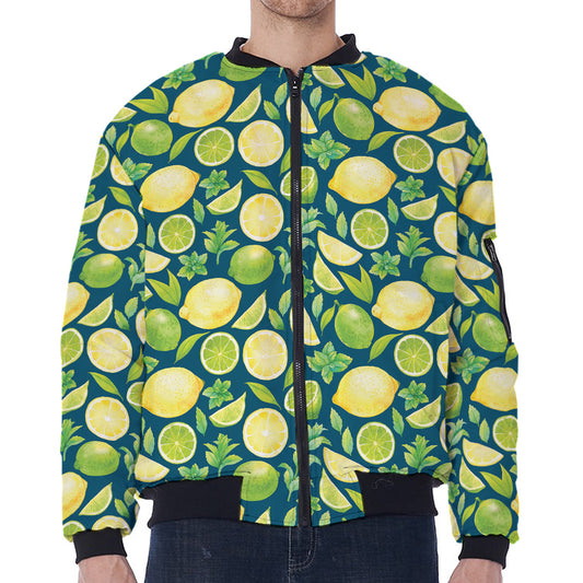 Lime And Lemon Pattern Print Zip Sleeve Bomber Jacket