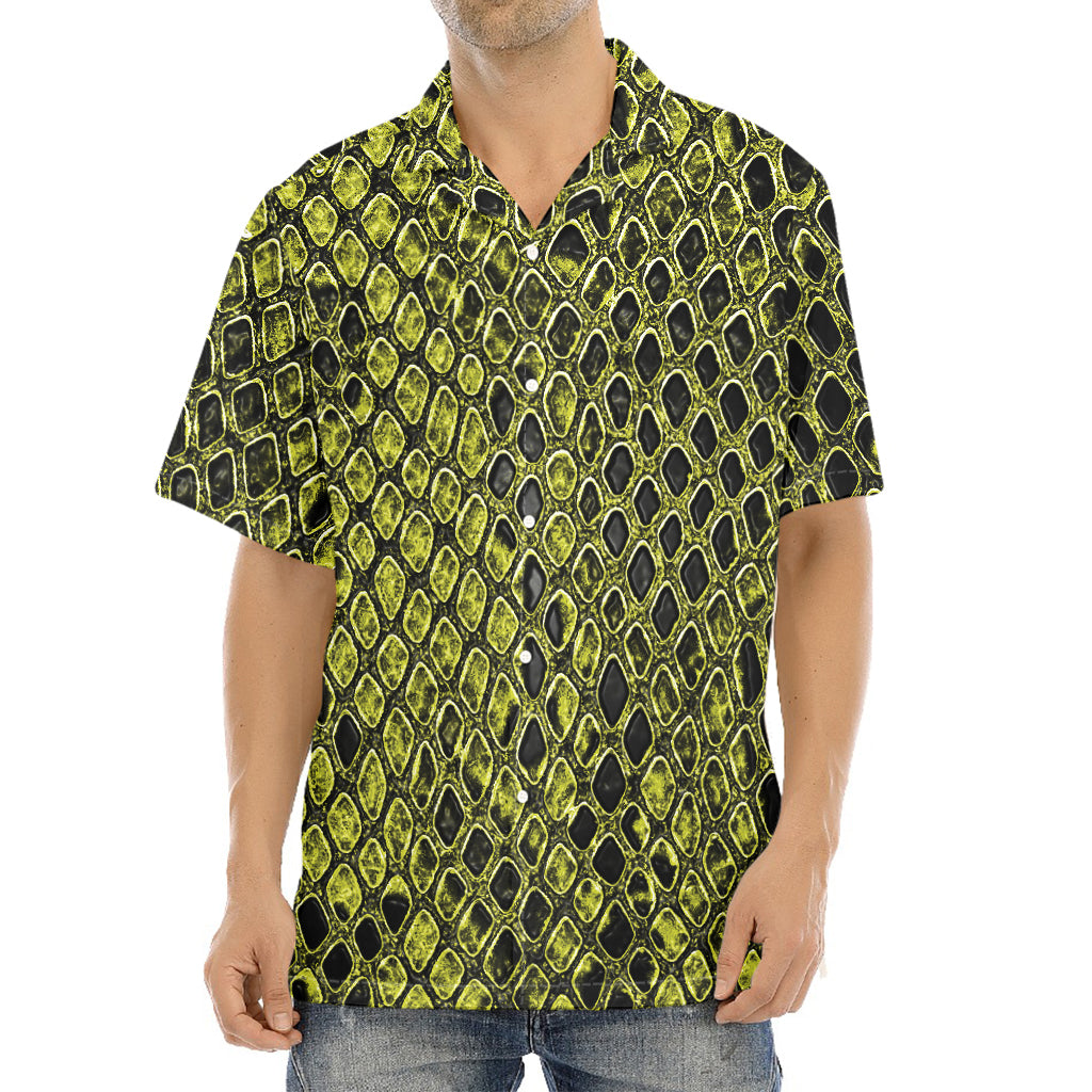 Lime Green And Black Snakeskin Print Aloha Shirt