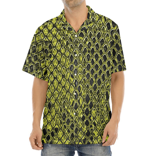 Lime Green And Black Snakeskin Print Aloha Shirt