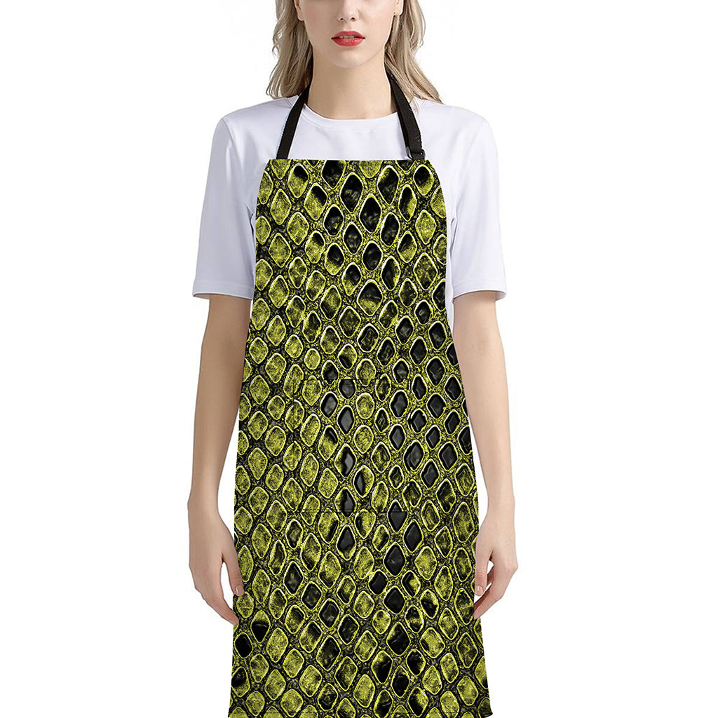 Lime Green And Black Snakeskin Print Bib Apron With Pocket