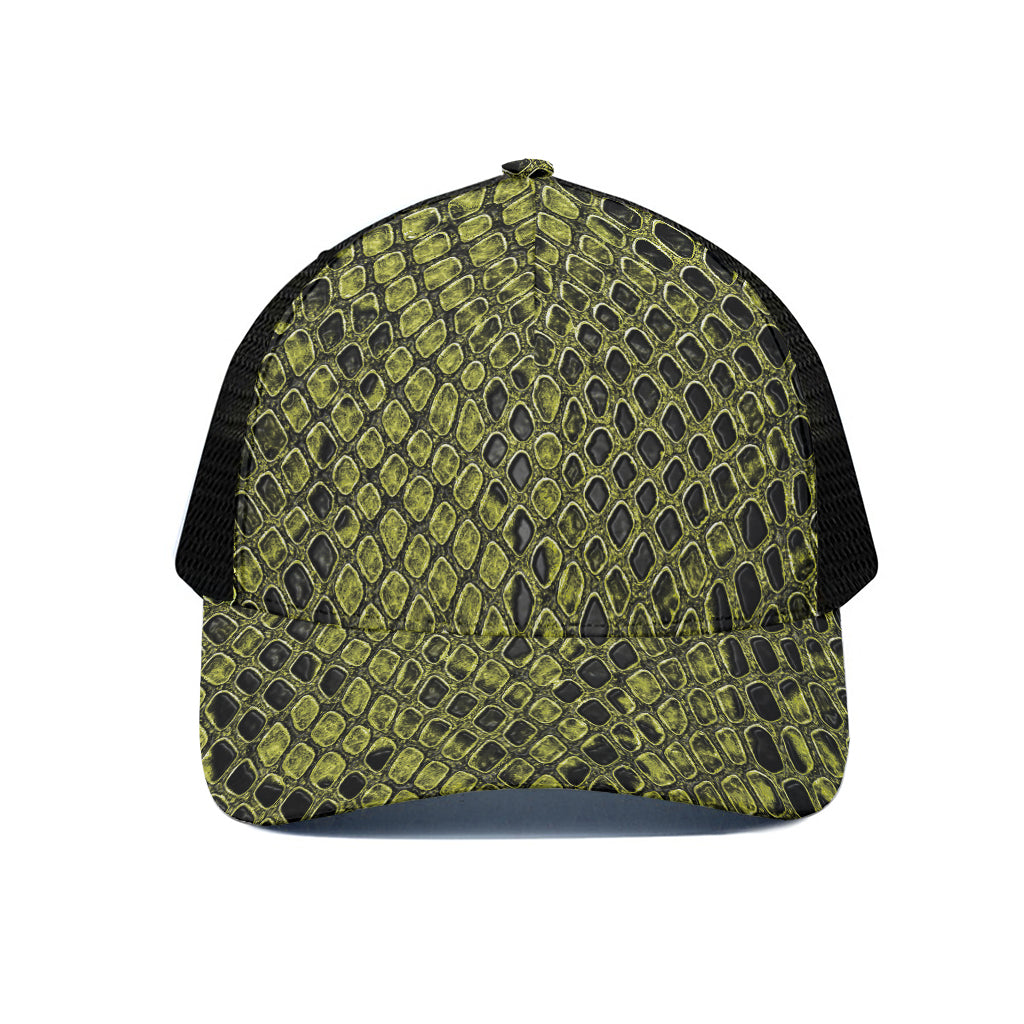 Lime Green And Black Snakeskin Print Black Mesh Trucker Cap