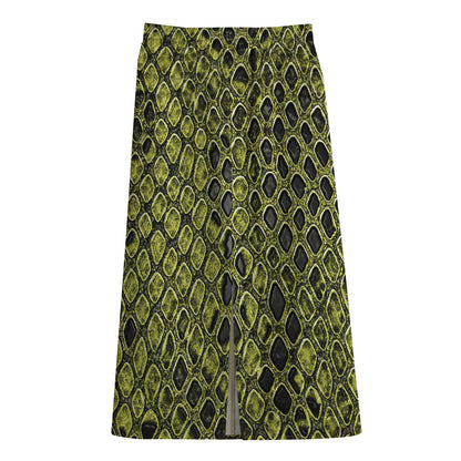 Lime Green And Black Snakeskin Print Cotton Front Slit Maxi Skirt