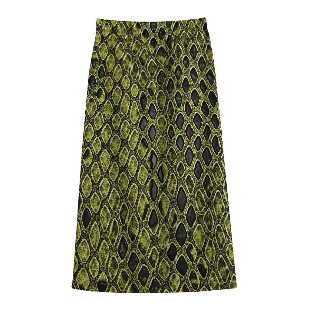 Lime Green And Black Snakeskin Print Cotton Front Slit Maxi Skirt