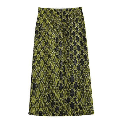 Lime Green And Black Snakeskin Print Cotton Front Slit Maxi Skirt