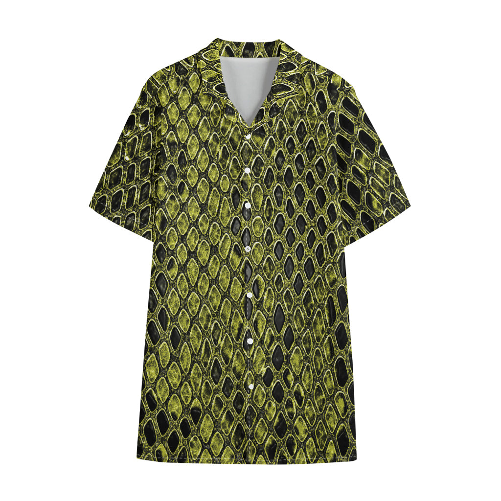 Lime Green And Black Snakeskin Print Cotton Hawaiian Shirt