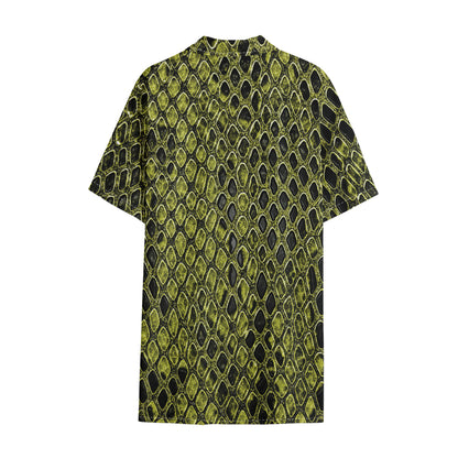 Lime Green And Black Snakeskin Print Cotton Hawaiian Shirt