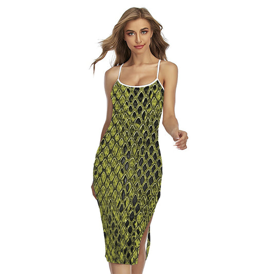 Lime Green And Black Snakeskin Print Cross Back Cami Dress