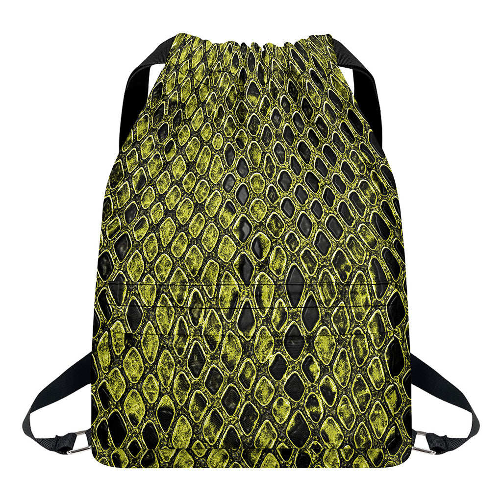 Lime Green And Black Snakeskin Print Drawstring Backpack