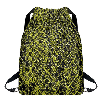 Lime Green And Black Snakeskin Print Drawstring Backpack