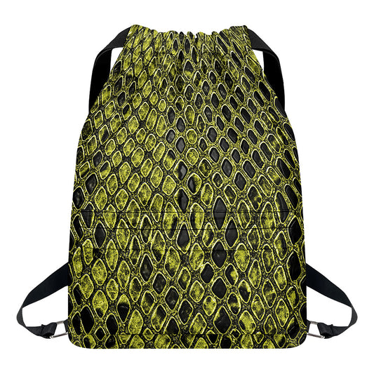 Lime Green And Black Snakeskin Print Drawstring Backpack