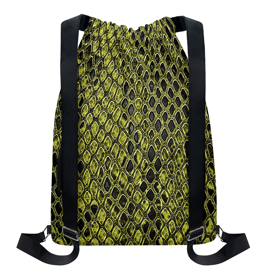 Lime Green And Black Snakeskin Print Drawstring Backpack