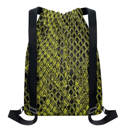 Lime Green And Black Snakeskin Print Drawstring Backpack