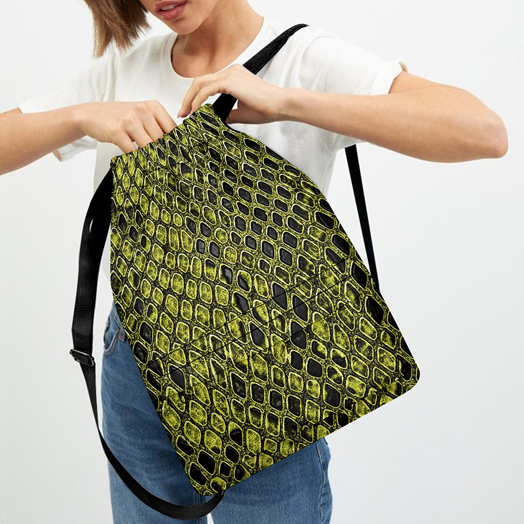 Lime Green And Black Snakeskin Print Drawstring Backpack