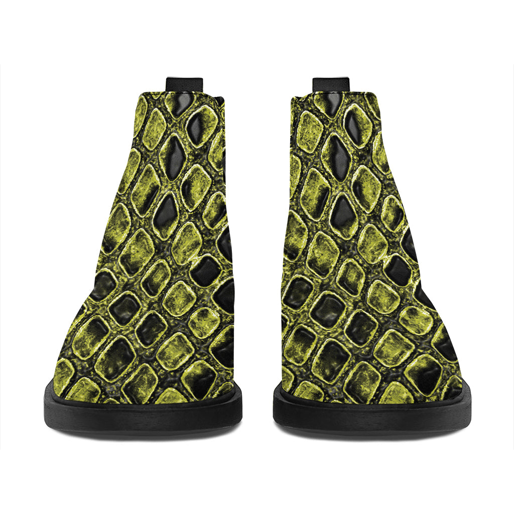 Lime Green And Black Snakeskin Print Flat Ankle Boots