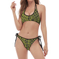 Lime Green And Black Snakeskin Print Halter Scoop Tie Side Bikini