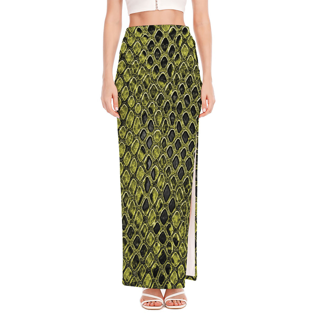 Lime Green And Black Snakeskin Print High Slit Maxi Skirt