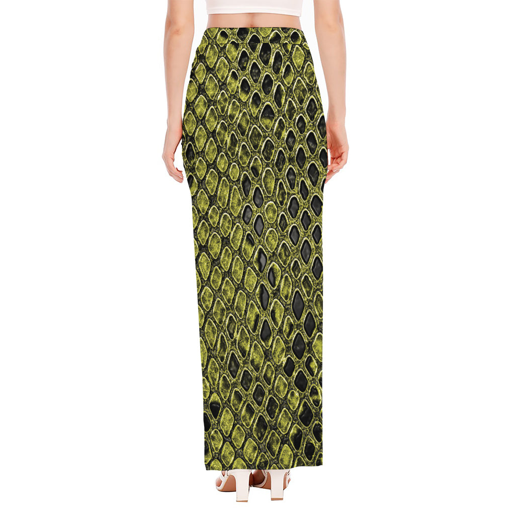 Lime Green And Black Snakeskin Print High Slit Maxi Skirt