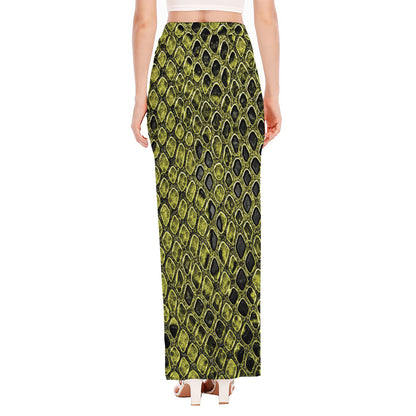 Lime Green And Black Snakeskin Print High Slit Maxi Skirt