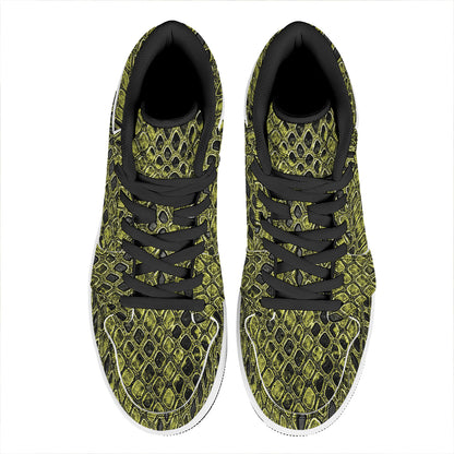 Lime Green And Black Snakeskin Print High Top Leather Sneakers