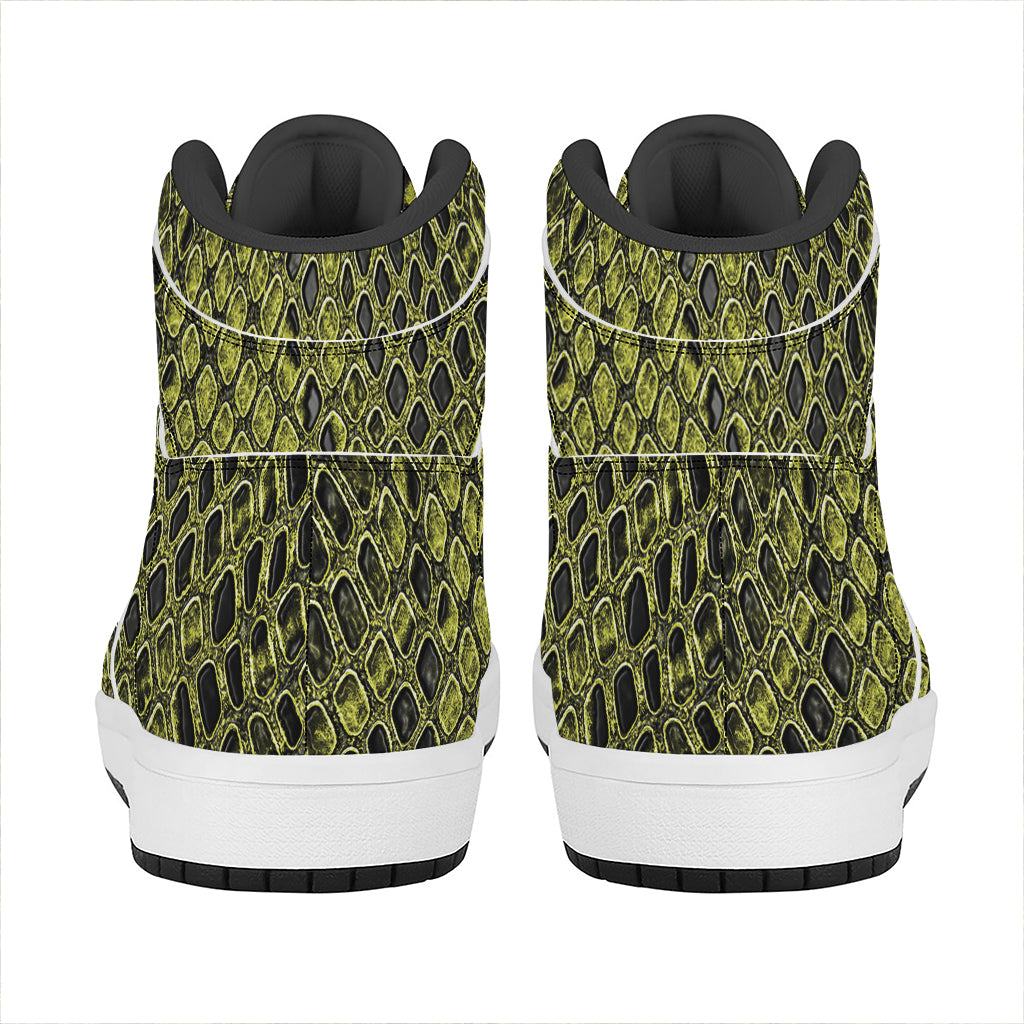 Lime Green And Black Snakeskin Print High Top Leather Sneakers