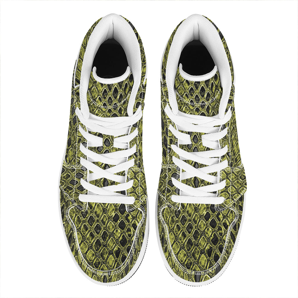 Lime Green And Black Snakeskin Print High Top Leather Sneakers
