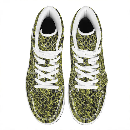 Lime Green And Black Snakeskin Print High Top Leather Sneakers