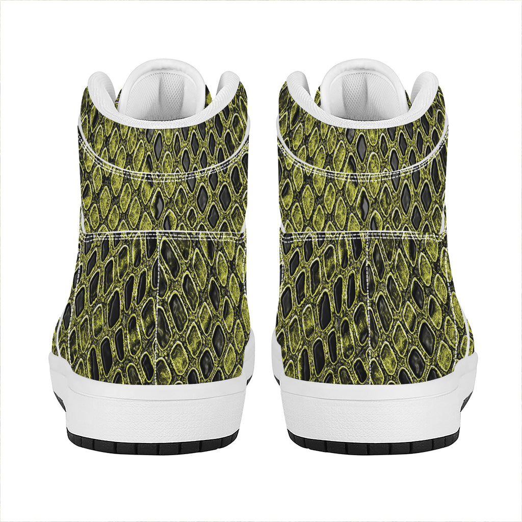 Lime Green And Black Snakeskin Print High Top Leather Sneakers