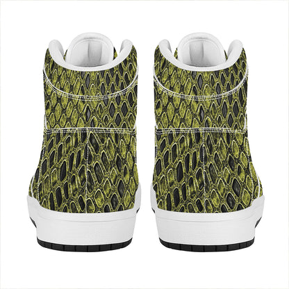 Lime Green And Black Snakeskin Print High Top Leather Sneakers