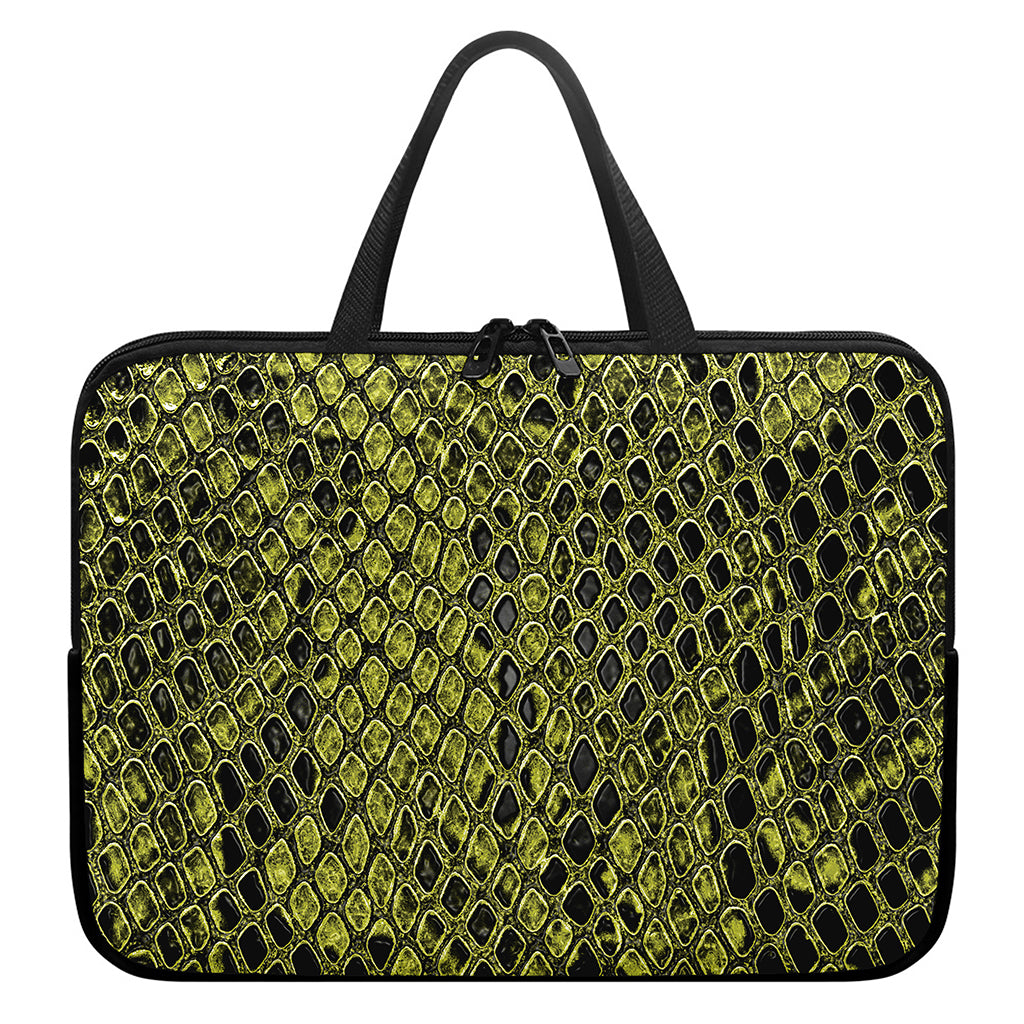 Lime Green And Black Snakeskin Print Laptop Sleeve With Handle
