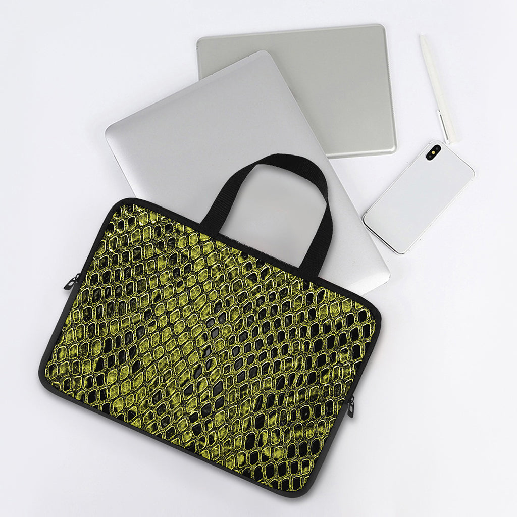 Lime Green And Black Snakeskin Print Laptop Sleeve With Handle
