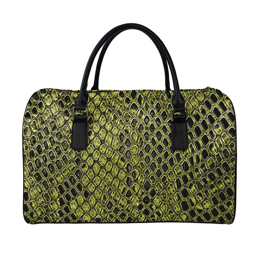Lime Green And Black Snakeskin Print Leather Duffle Bag