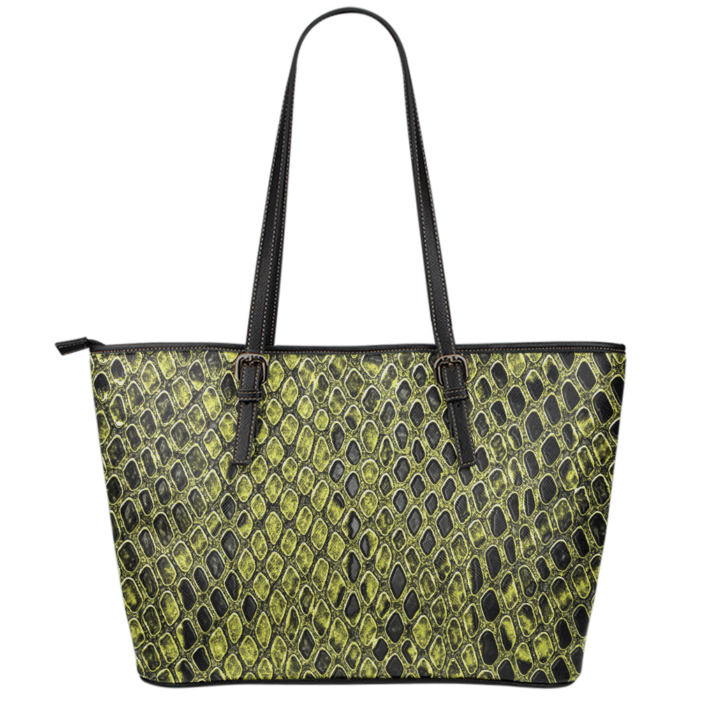 Lime Green And Black Snakeskin Print Leather Tote Bag