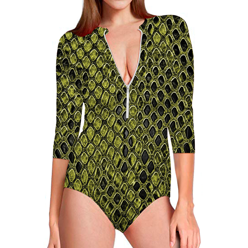 Lime Green And Black Snakeskin Print Long Sleeve Swimsuit