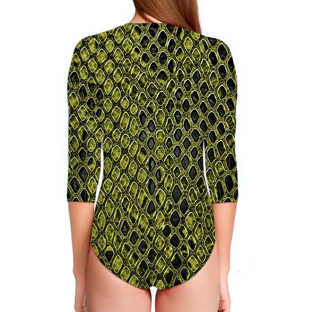 Lime Green And Black Snakeskin Print Long Sleeve Swimsuit