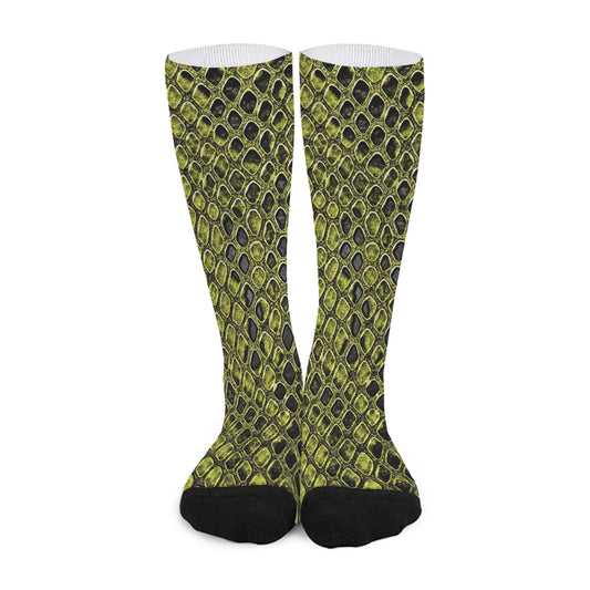 Lime Green And Black Snakeskin Print Long Socks